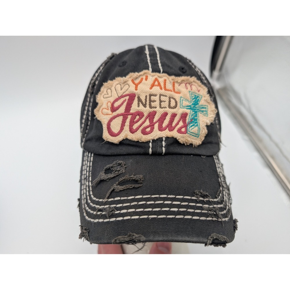 KBETHOS Vintage Y'all Need Jesus Distressed Baseball Cap Black Hat Cross Patch